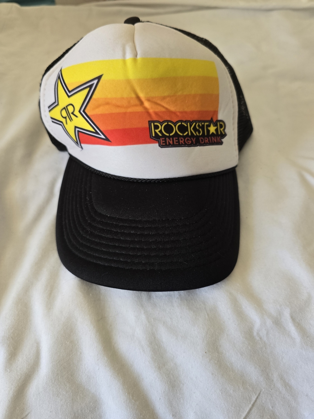 Rockstar Energy Trucker Hat - Black with Yellow/Orange/Red Stripe